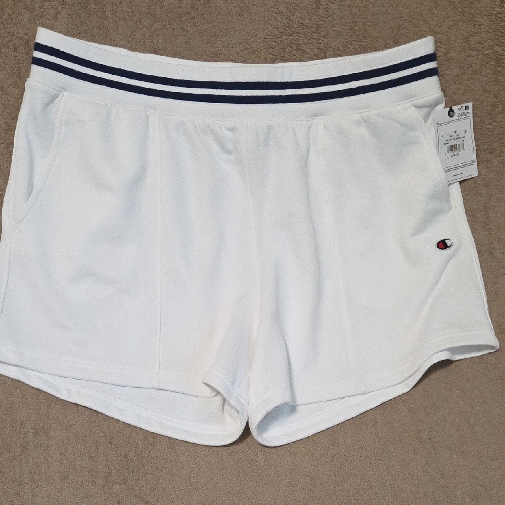 Champion Women's Athletic Shorts in White with Navy Accents